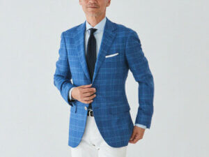 ゼニア仮縫い付きフルオーダージャケットとブルーシャツのコーディネート